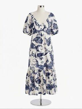Mexx Paisley Maxi Dress XL Navy White Puff Sleeve Tiered Smocked Cotton Pockets